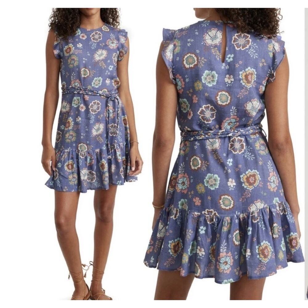 Marine Layer Laney Linen Blend Mini Sundress Marlin Hibiscus Floral Women Medium